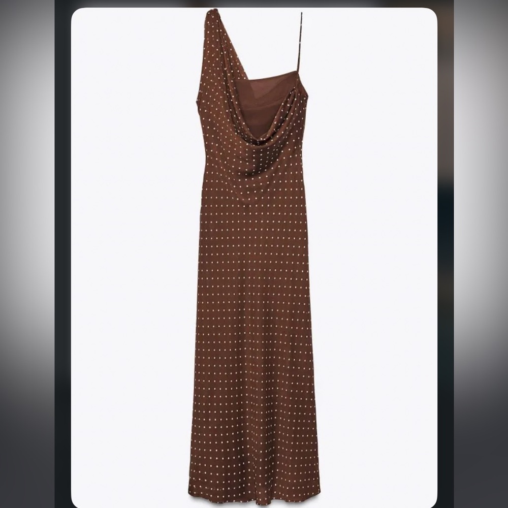 Zara Brown Draped Neck Polka Dot Maxi Dress